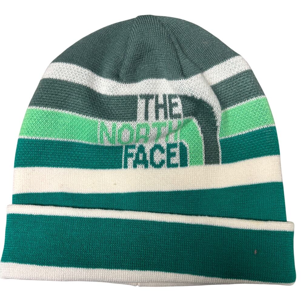 The North Face Beanie Hat Green White Striped Knit Logo Winter Cap Adult  EUC
